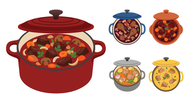 Collection of French braised meat including boeuf bourguignon stew, coq au vin chicken, daube proven&ccedil;ale pot, navarin lamb stew, porc &agrave; la moutarde.