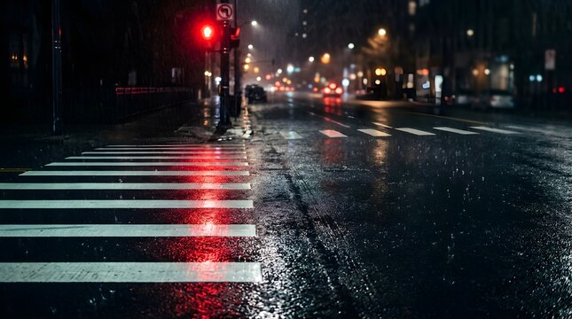 Wet pedestrian crossing at night with red traffic lights and rain showers