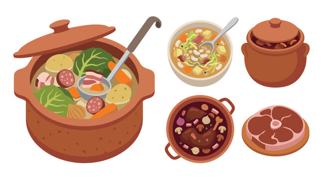 Collection of French rustic peasant including pot&eacute;e auvergnate stew, garbure gasconne soup, daube avignonnaise pot, civet de lapin, middle of lamb shoulder.