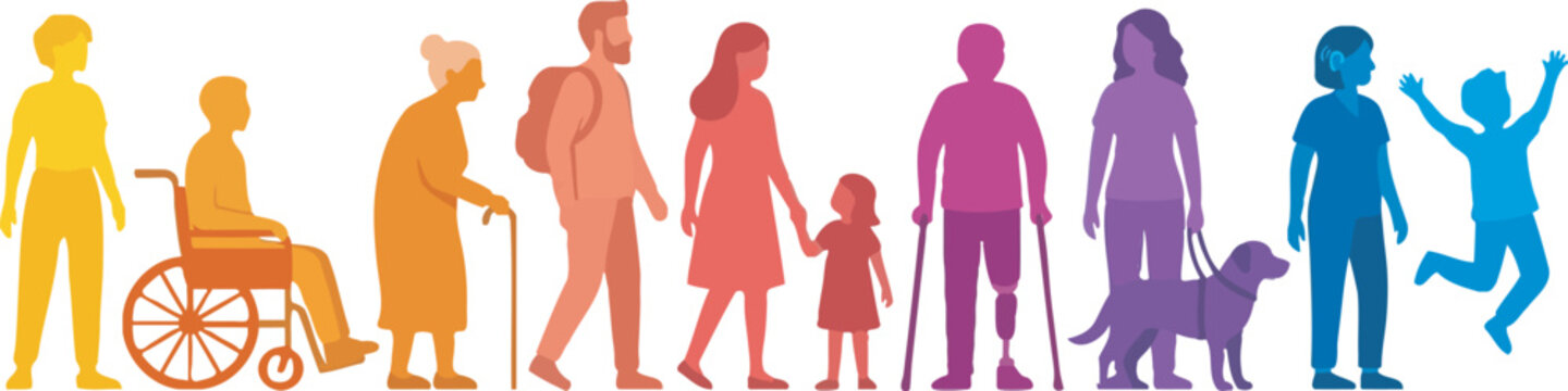 Diverse group of people silhouettes representing all ages and abilities showcasing inclusivity and unity in vibrant colors