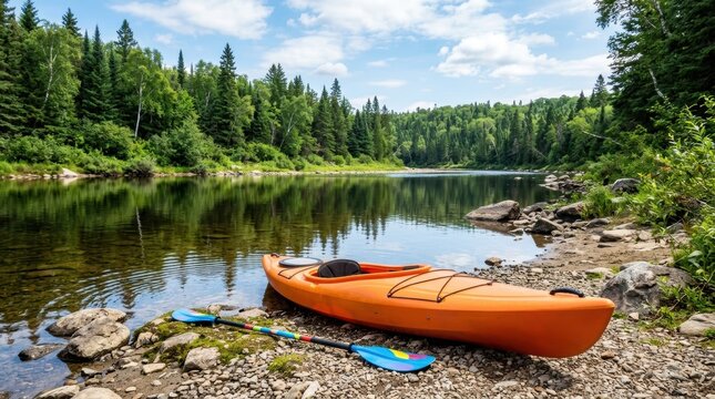Serene Lake Scene with Kayak and Natural Surroundings.