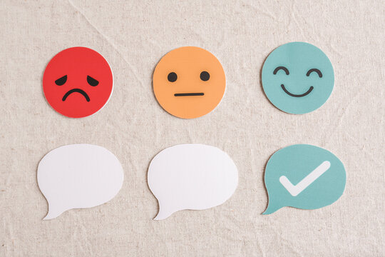 customer feedback, satisfaction rating, service evaluation, emotion emoticons, experience survey, quality review, sentiment analysis icons with speech bubbles on fabric background