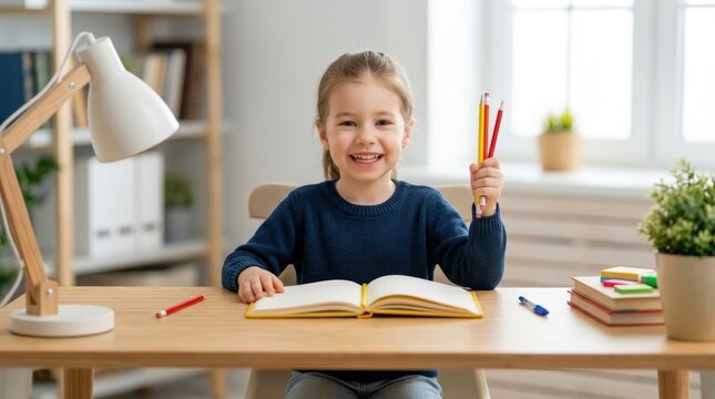 Happy Girl Studying with Books and Pencils at Home.