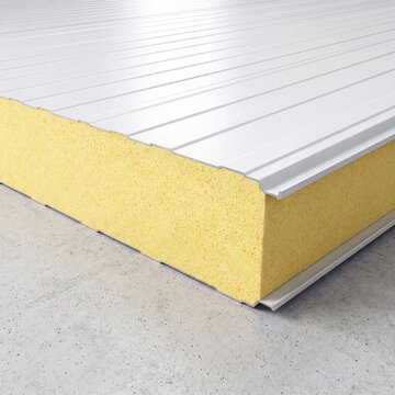 Cutaway insulated sandwich panel with metal sheets and yellow foam core, suitable for construction materials, industrial roofing, wall panels and thermal insulation concepts.