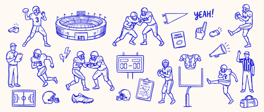 American Football Doodle Art: A vibrant collection of hand-drawn illustrations depicting various aspects of American football, from players in action to stadium and equipment.