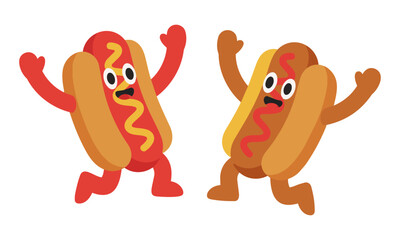 Fototapeta premium Two cheerful hot dog mascots jumping with happy expressions and arms waving in a flat minimalist style food character design