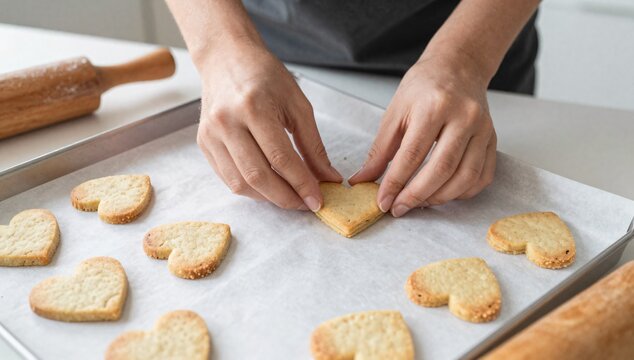 Person assembling heart shaped cookies on a baking sheet in a bright kitchen