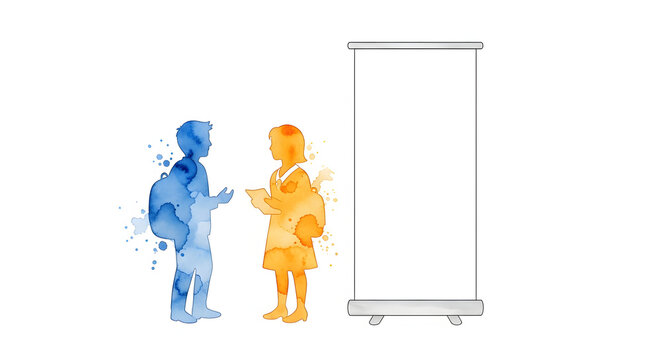 Watercolor silhouettes of a male and female student with backpacks talking next to a blank white vertical roll-up banner at a career fair event isolated on white background.