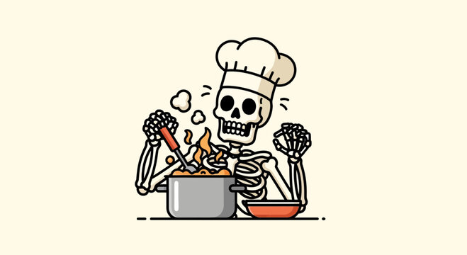 Skeleton chef cooking in a chaotic kitchen vector illustration