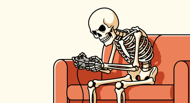 Skeleton Gamer Playing Video Games on a Sofa