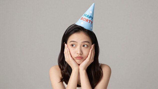 Sad young woman wearing a birthday hat resting her face in her hands in a studio shot