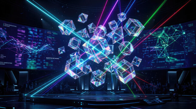 Futuristic digital environment featuring levitating glowing glass geometric cubes illuminated by vivid laser beams and complex data visualization interfaces