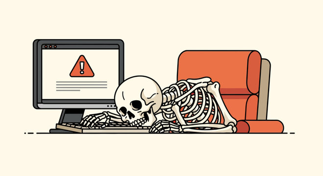 Human Skeleton Slumped Over Computer Keyboard with Error Warning