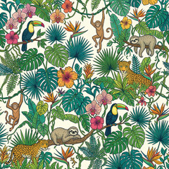Fototapeta premium Colorful tropical jungle animal pattern with diverse flora and fauna.