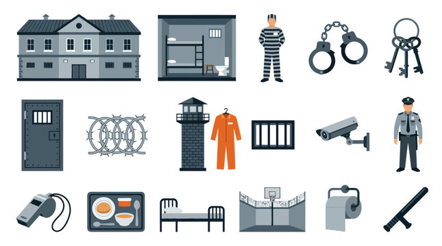 Prison and Justice System Flat Vector Icons Set. Law Enforcement, Incarceration Elements Collection