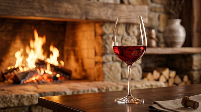 Glass of red wine by a cozy fireplace with burning logs and stone hearth