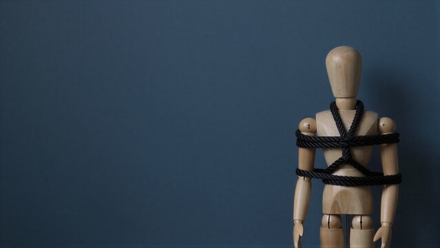 Wooden mannequin bound by black rope against a dark blue background.
