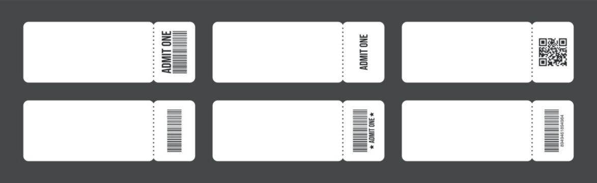 Set of blank admission tickets with barcode, QR code and tear-off on white background for concert, theater and entertainment