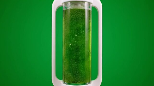Green algae bioreactor cultivating spirulina in laboratory container.