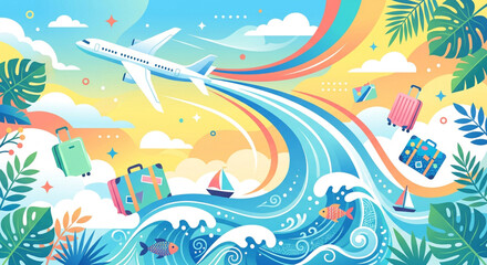 Naklejka premium Vibrant travel, transportation icons, summer vacation, tropical getaway, vector illustrations
