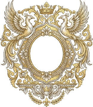 Golden ornate frame with crown and birds.