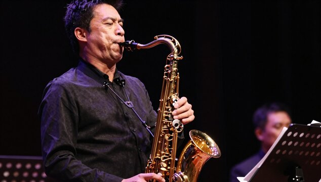 Asian musician passionately plays a golden saxophone at a concert with a dark background