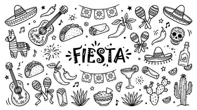 Black and white vector fiesta graphic with mexican food and symbols