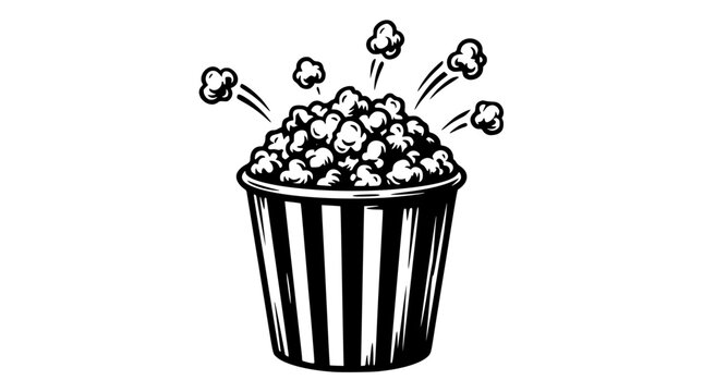 A black and white illustration of popcorn in a bucket