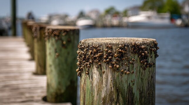 Weathered wooden dock pilings encrusted with barnacles near a harbor, showcasing coastal textures and marine life.