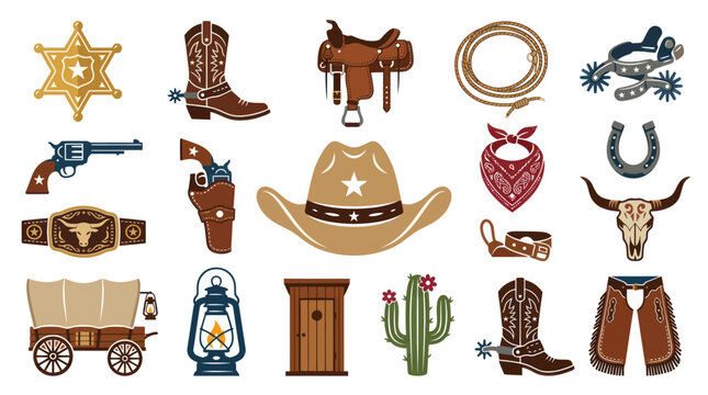 Western Cowboy Flat Design Vector Icons Set: Wild West Objects Collection
