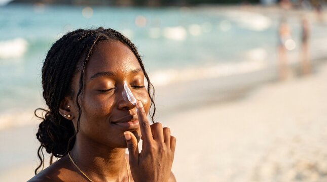 Young African American woman applying sunscreen on her nose at the beach