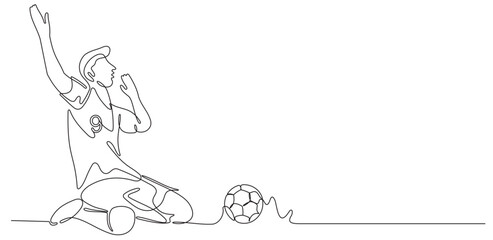 continuous line of celebration of a soccer player scoring a goal,Ilustrasi vektor desain gambar satu garis dengan konsep selebrasi mencetak gol © Ari