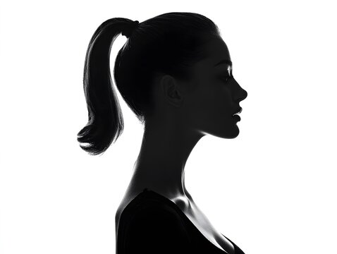 Silhouette of a womans profile with her hair in a ponytail.