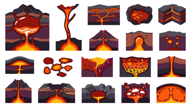 Flat Vector Illustrations of Geology: Volcanoes, Magma Chambers, and Earth's Molten Rock Formations
