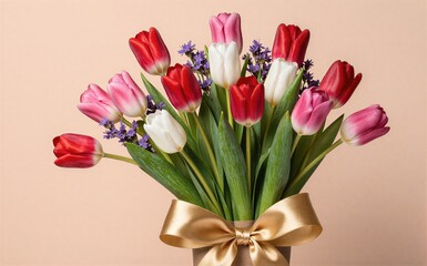 Fototapeta premium Vibrant tulips in red, pink, and white bloom with a golden bow against soft peach background.