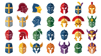 Fototapeta premium Flat Vector Icons Set of Knight Helmets and Ancient Warrior Armor for Medieval History and Fantasy Design