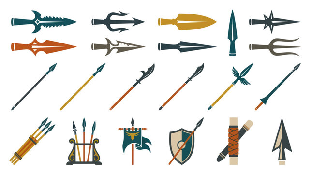 Historical Weapons Flat Vector Icon Set: Ancient and Medieval Spears, Arrowheads, Tridents, Polearms  Shield