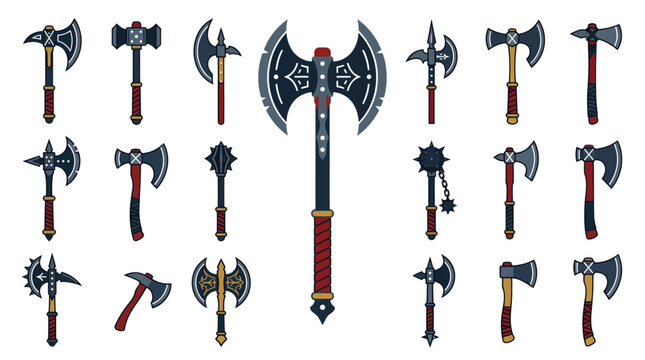 Isolated Flat Vector Illustration Collection of Medieval Fantasy Axes, Battle-axes  Warrior Weapon Icons