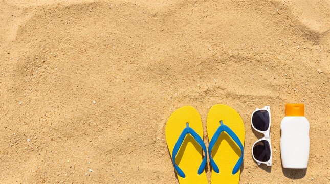 Yellow flip flops, white sunglasses, and sunscreen bottle on sandy beach with copy space