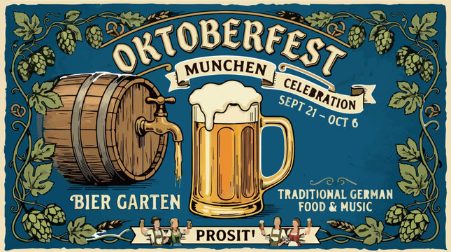 Oktoberfest celebration banner, Munchen beer garden, traditional German festival