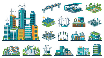 Obraz premium Sustainable Smart City and Urban Development Flat Isometric Vector Illustration Set for Modern Technology
