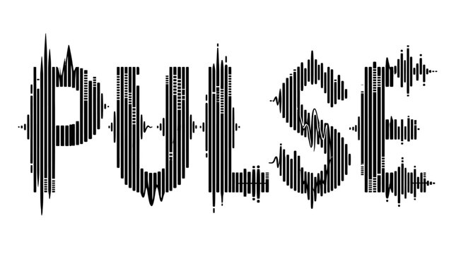 Pulse Typography Soundwave: The word PULSE is artistically rendered in a stylized font, with each letter formed by a vertical soundwave graphic, symbolizing energy and rhythm.