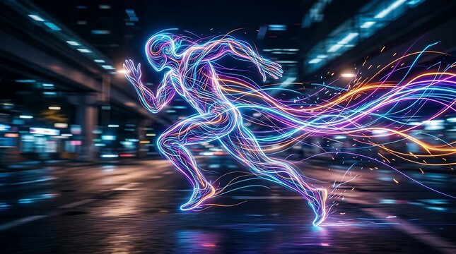 Glowing human figure running fast with vibrant colorful light trails