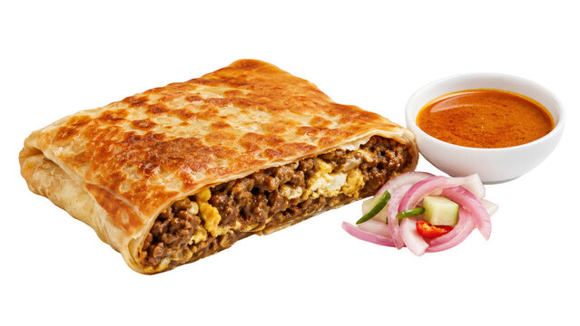 Murtabak Stuffed Flatbread with Curry Sauce and Pickled Onions