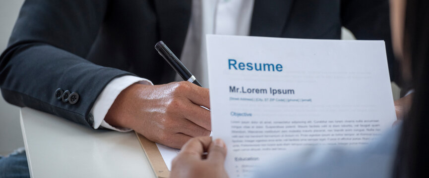 Banner Job Interview with headhunter agent and applicant. BannerJob HR applicants having an interview with Human resource manager jobs interviewing candidate business office cv resume with copy space