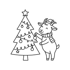 Fototapeta premium Cute cartoon goat decorating a Christmas tree for a coloring page.