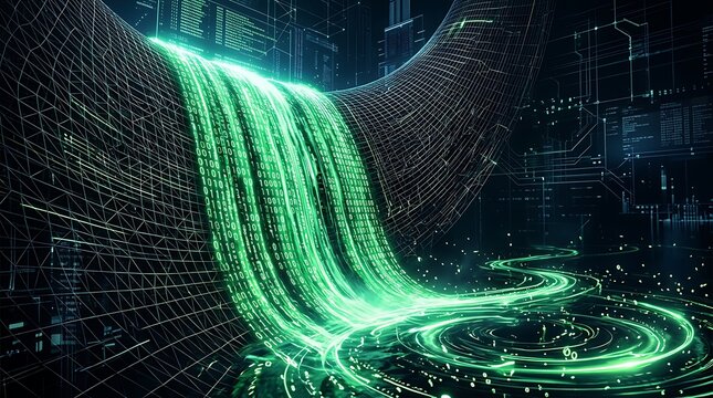 Glowing binary code waterfall streaming through a complex digital network