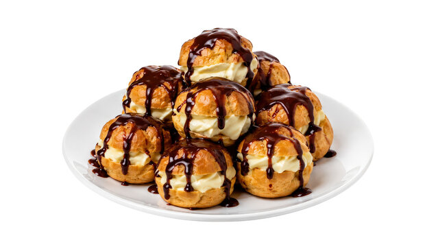 Profiteroles with Cream and Chocolate Sauce on Plate