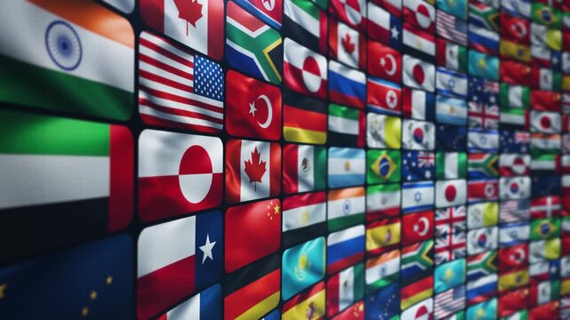 Waving international flags representing world global unity and diversity