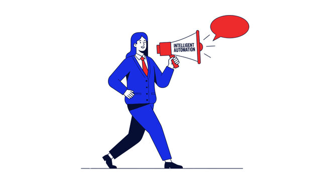 Person in blue suit holding a megaphone with speech bubble.